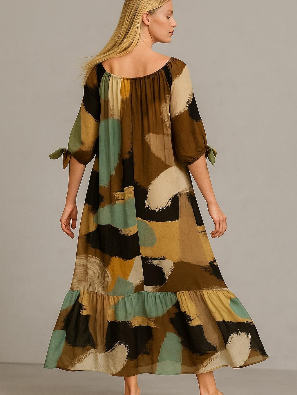 İtalyan Fırça Desenli İpek Elbise - KAHVERENGİ