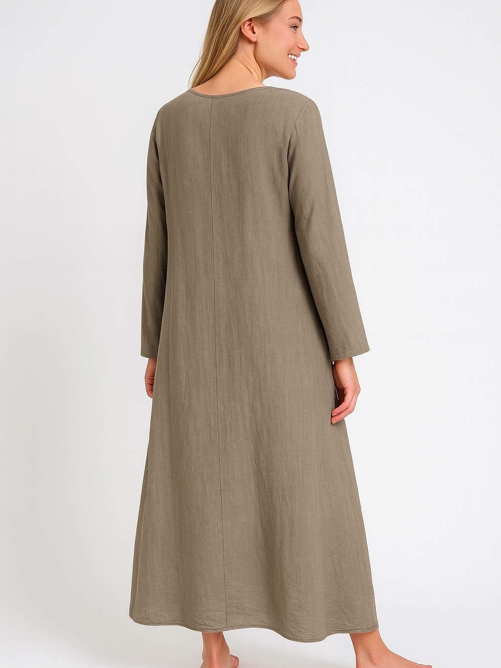 İtalyan Keten Dikiş Detaylı Elbise - VİZON