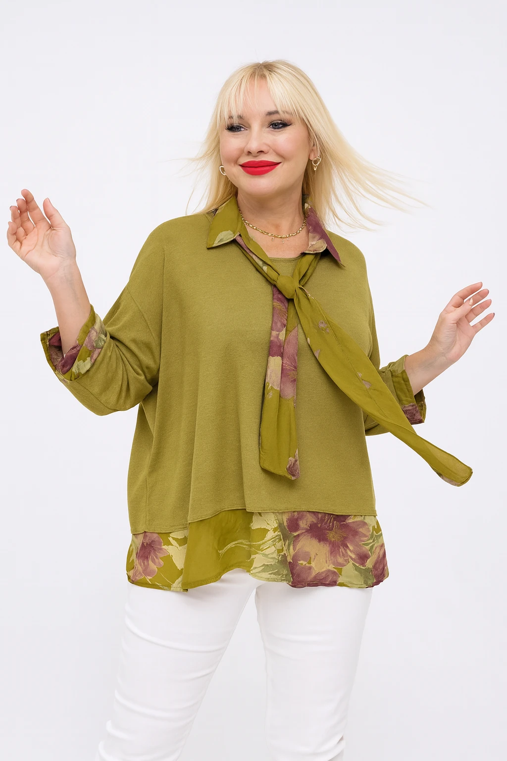 İtalyan Fularlı 3'lü Takım Bluz - KOYU SARI