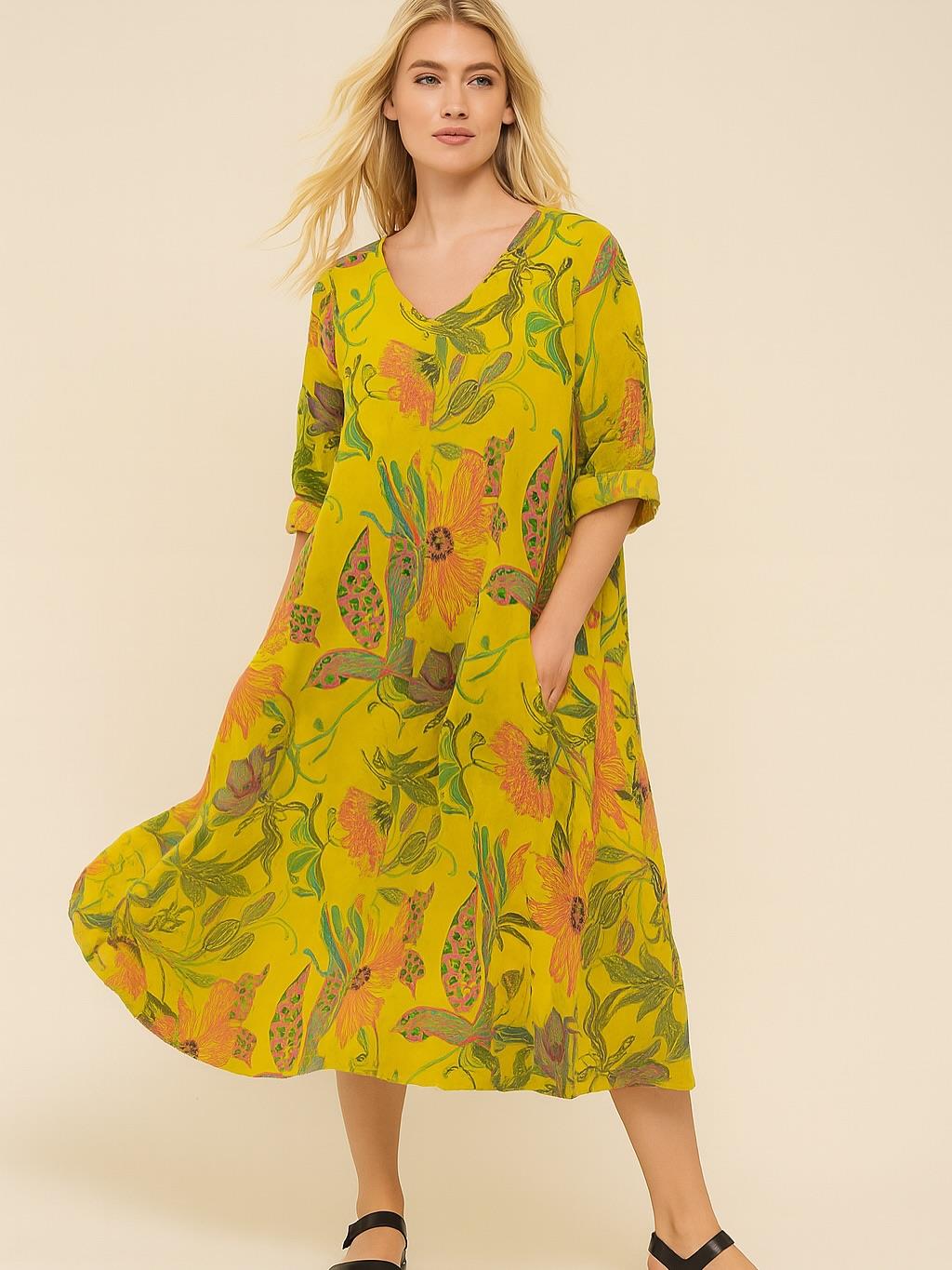 İtalyan Çiçek Desenli Keten Elbise - SARI