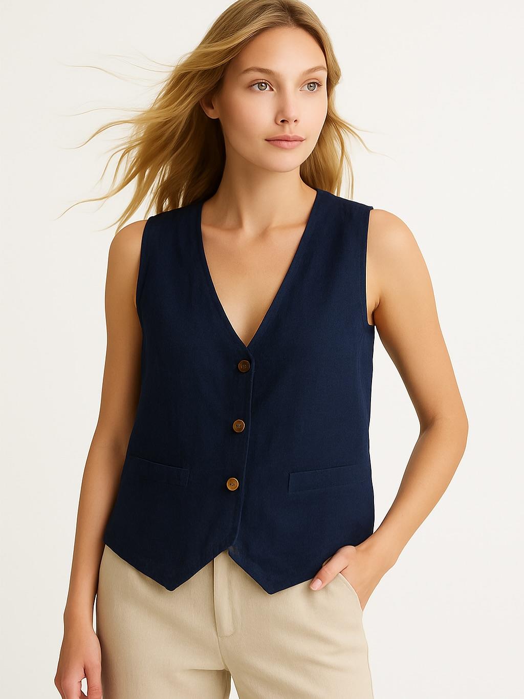 İtalyan Keten Yelek - LACİVERT