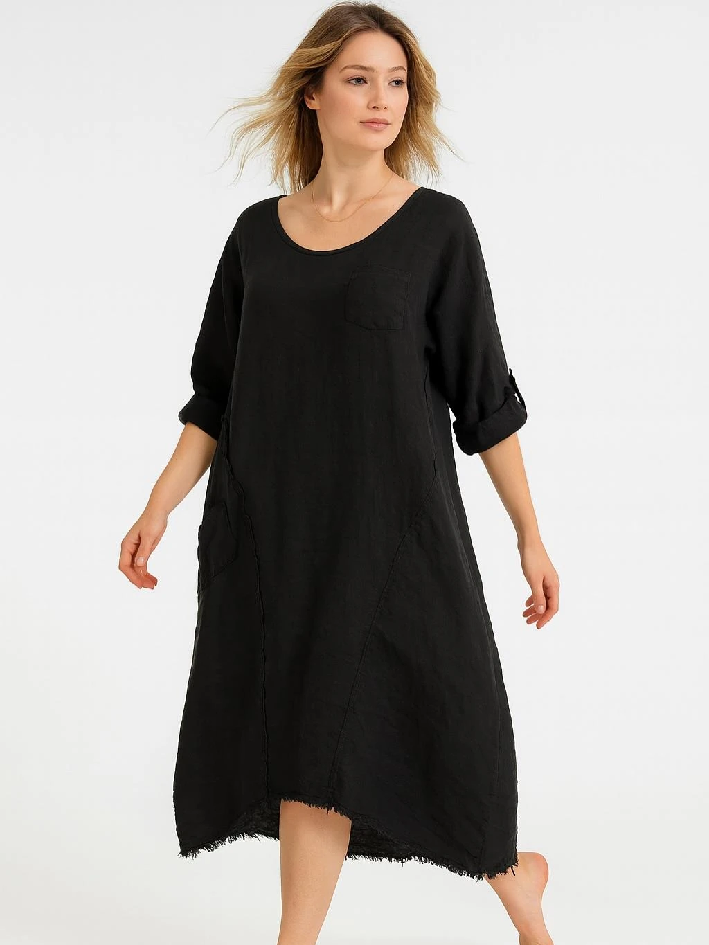 İtalyan Keten Dikiş Detaylı Elbise - SİYAH