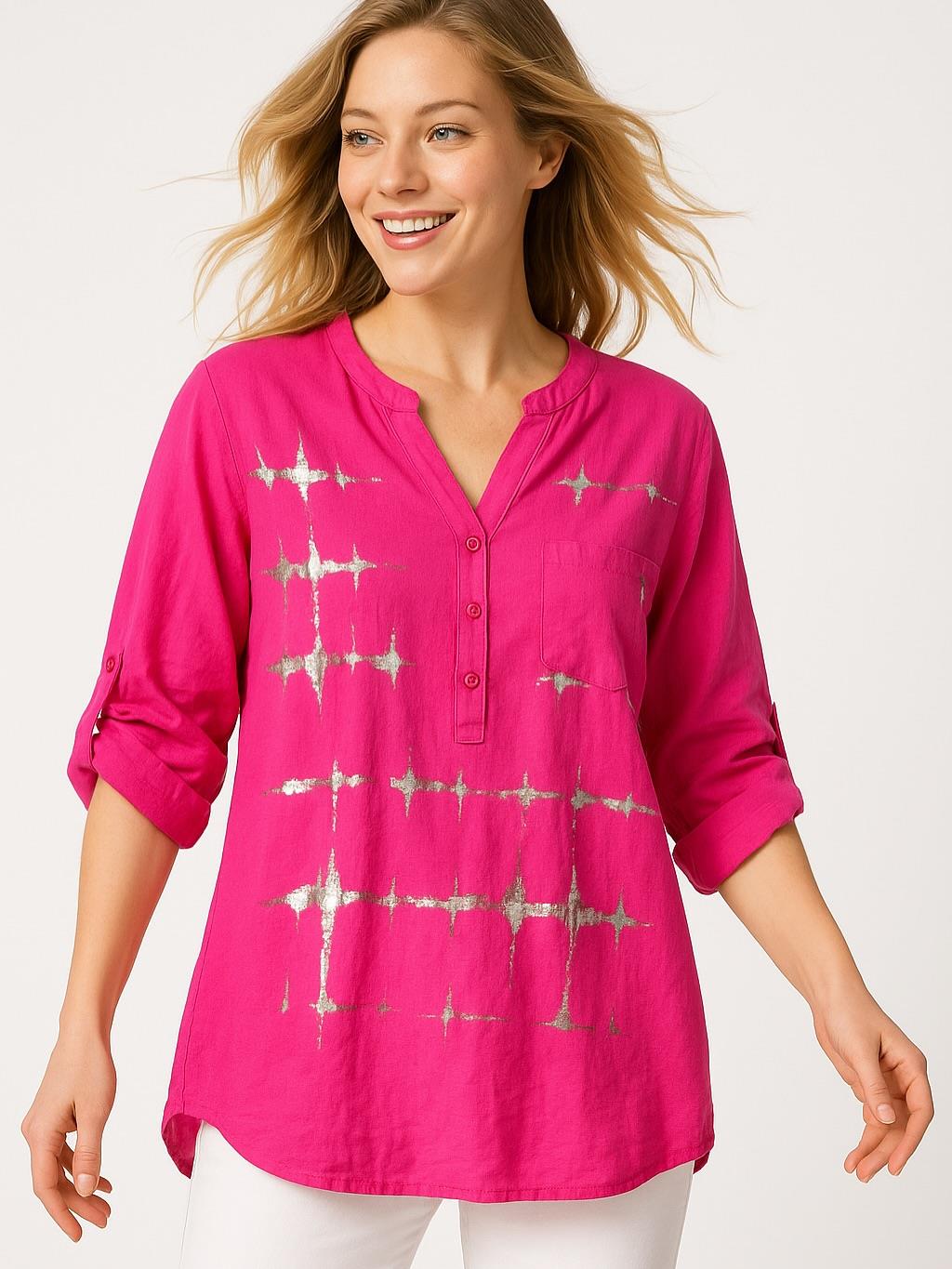İtalyan Keten Varak Baskılı Bluz - FUŞYA