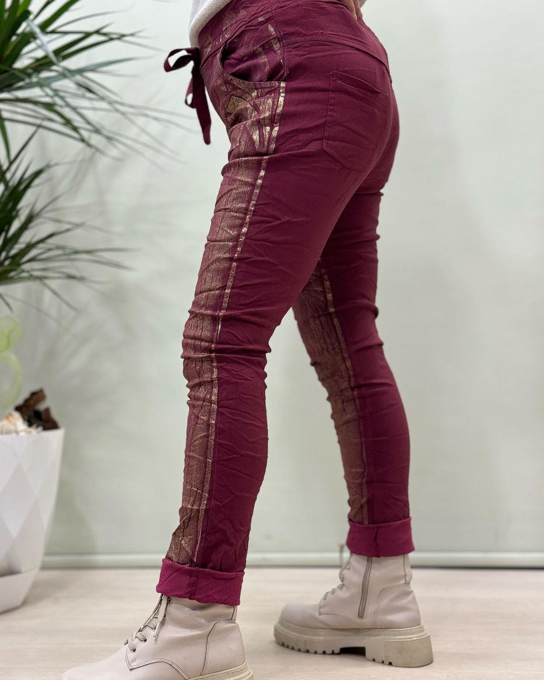 İtalyan Varak Baskılı Likralı Pantolon - BORDO