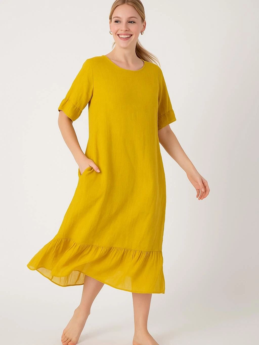 İtalyan Keten İpek Detaylı Elbise - SARI