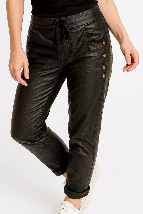 İtalyan Likralı Deri Pantolon - SİYAH