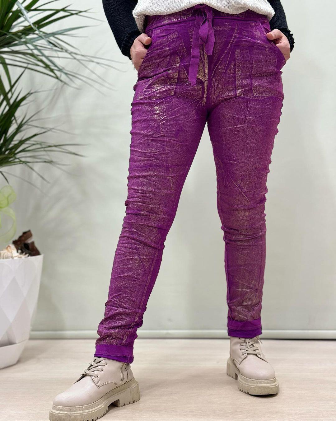 İtalyan Varak Baskılı Likralı Pantolon - FUŞYA