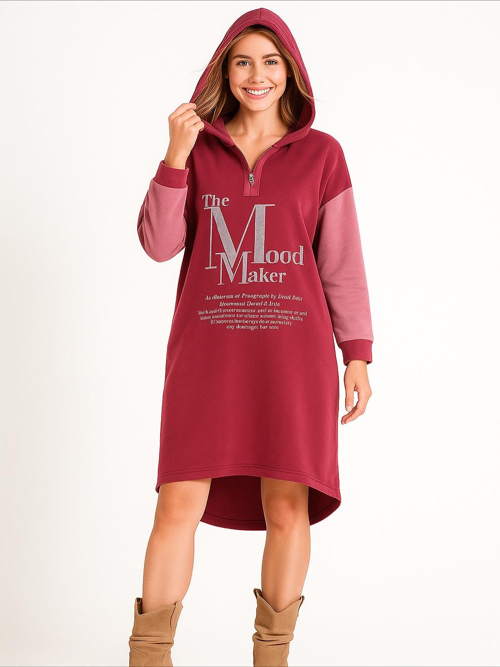 İtalyan Kapüşonlu Nubuk Elbise - BORDO