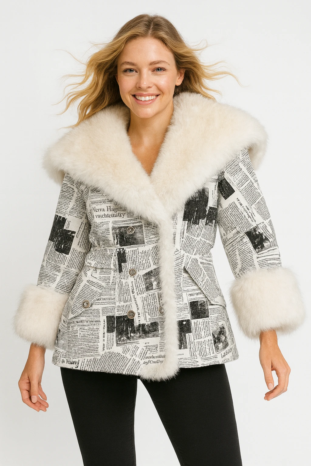 İtalyan Gazete Desenli Ceket - BEYAZ