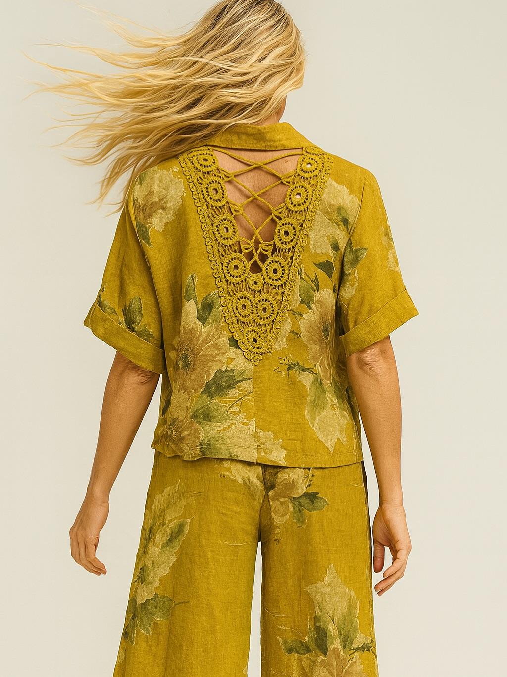 İtalyan Sırt Dantel Detaylı Keten Takım - SARI