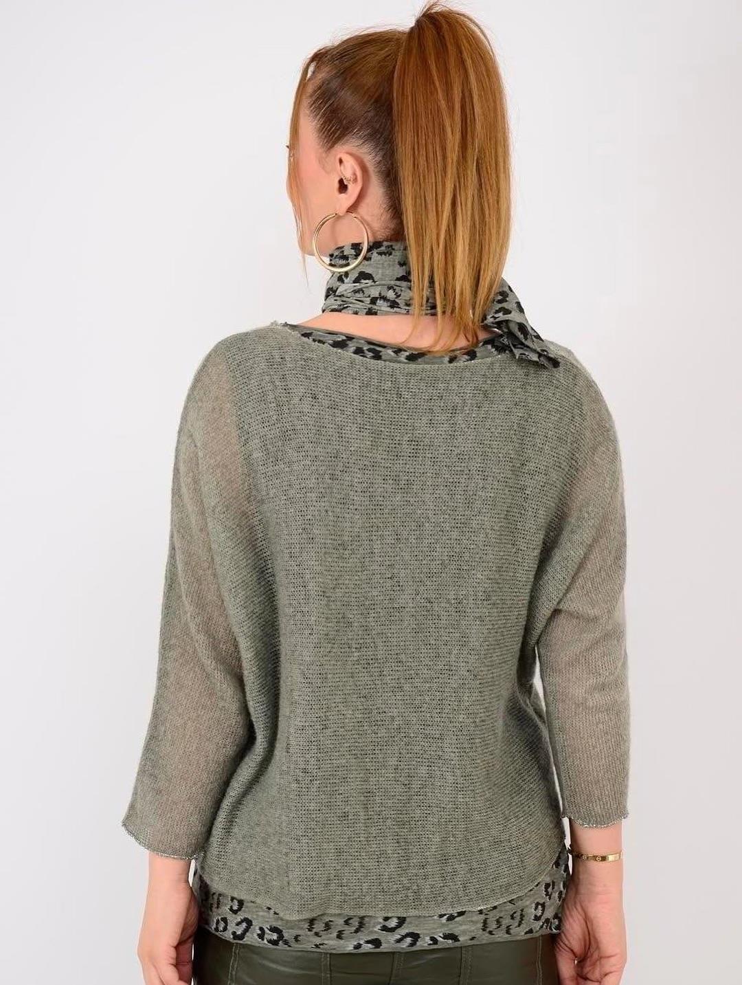 İtalyan Fularlı Triko Takım Bluz - HAKİ