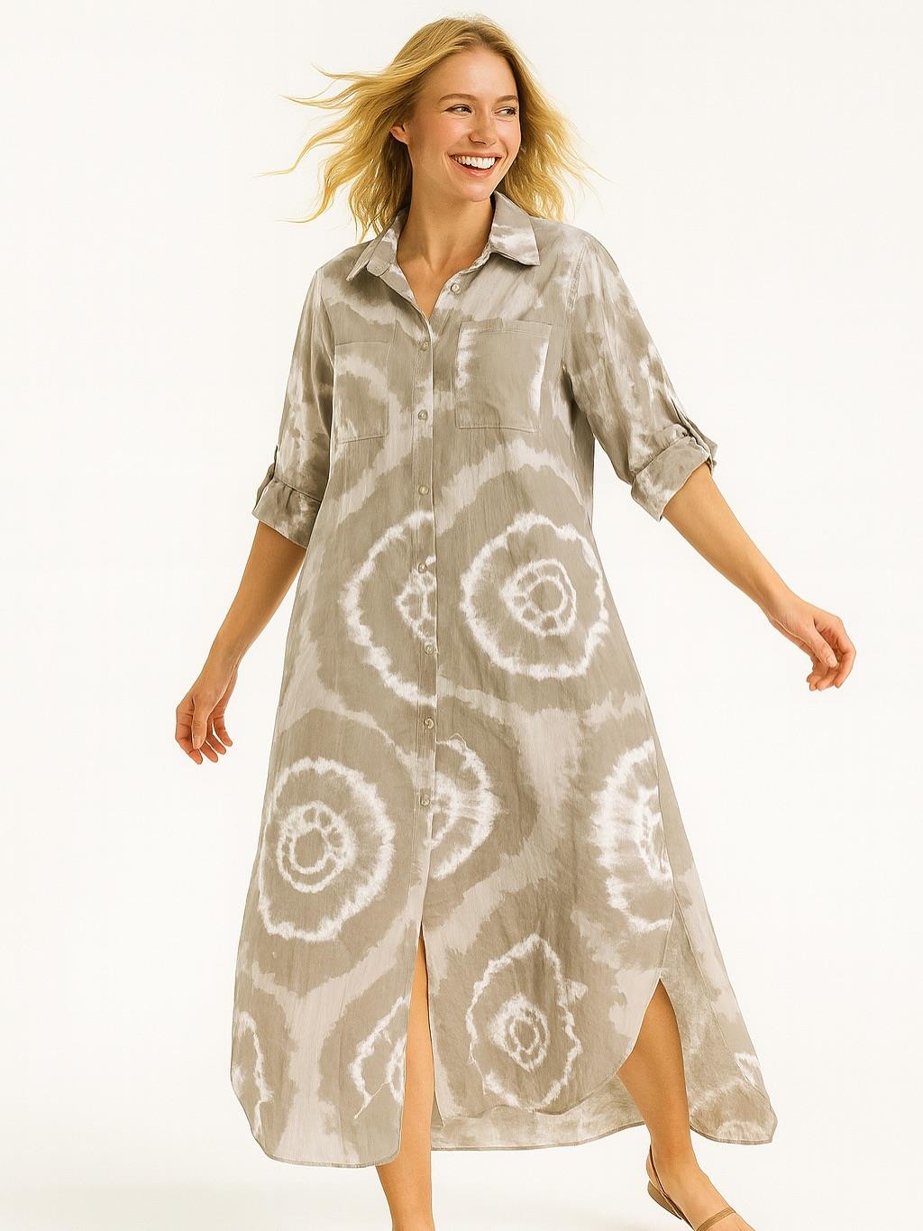 İtalyan Pamuk Dalga Desen Elbise - BEJ