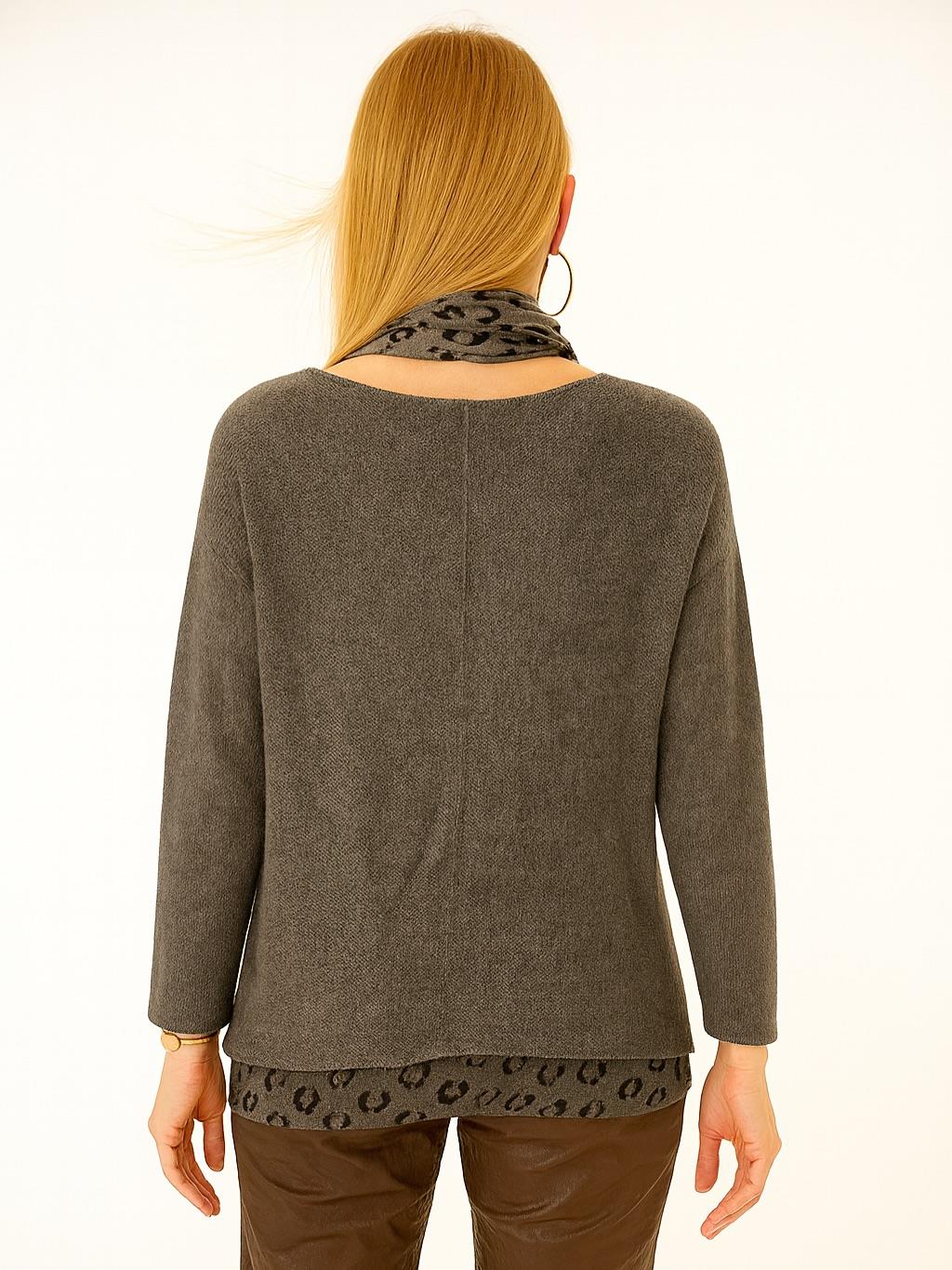 İtalyan Fularlı Triko Takım Bluz - KAHVE