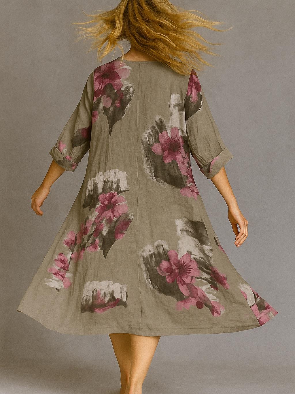 İtalyan Çiçek Desenli Keten Elbise - VİZON