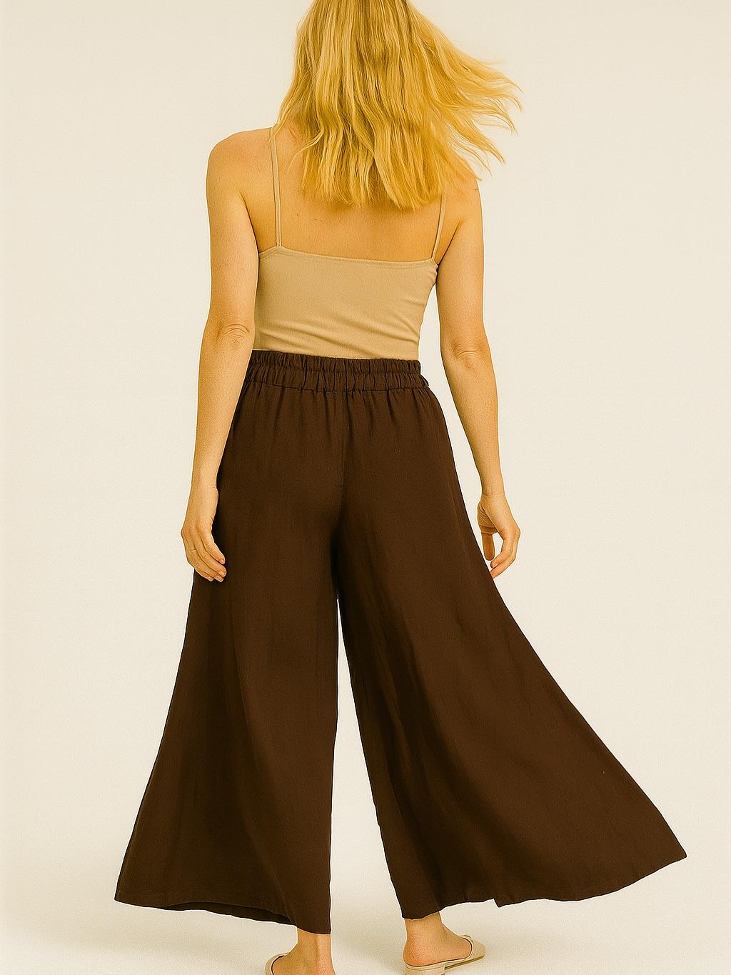 İtalyan Keten Geniş Paça Pantolon - KAHVERENGİ