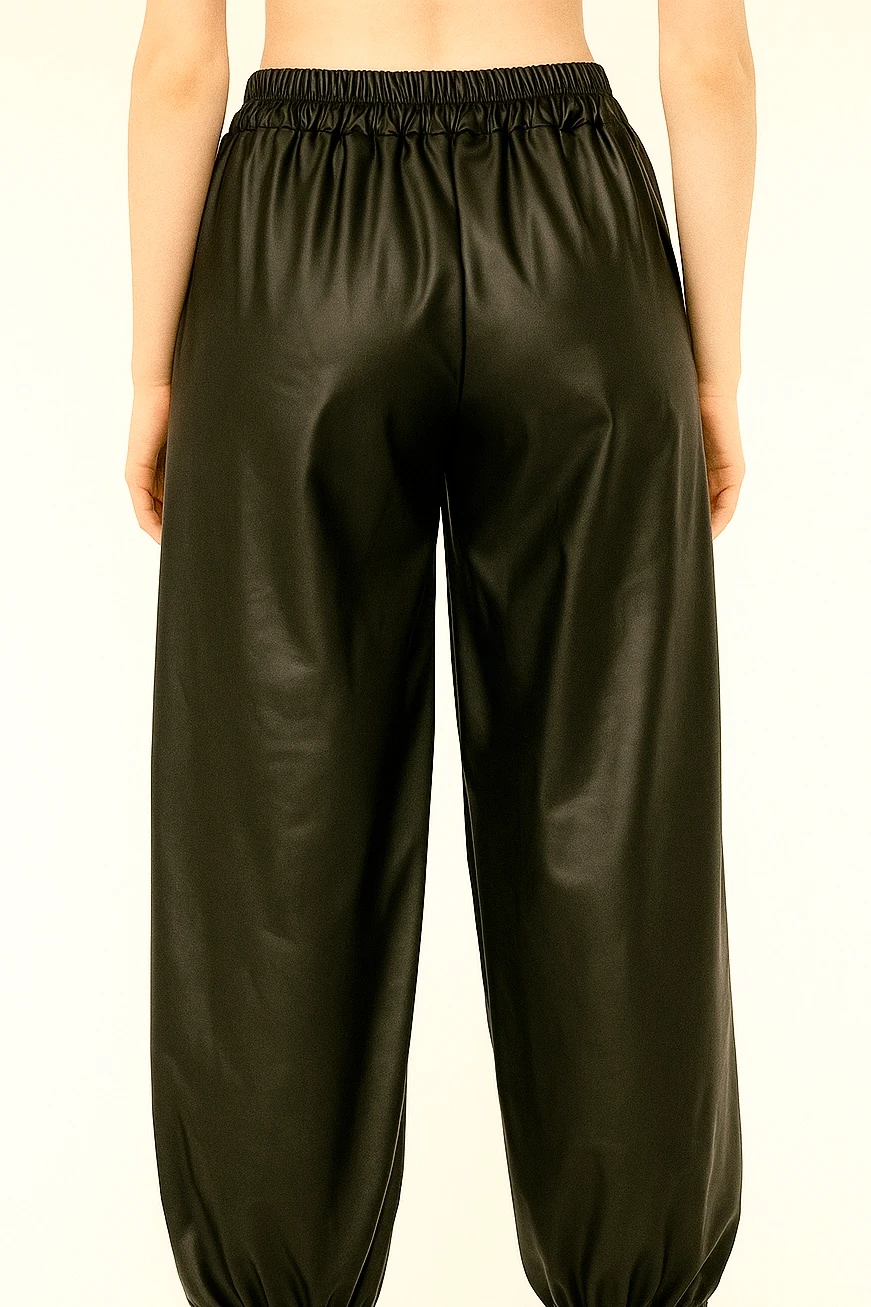 İtalyan Lastik Paça Deri Pantolon - SİYAH