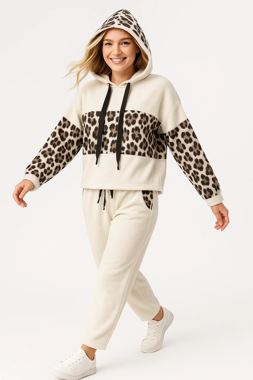 İtalyan Leopar Detaylı Kadife Takım - BEYAZ