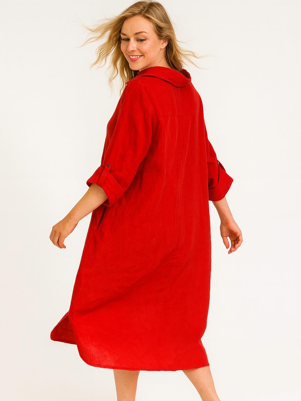 İtalyan Keten Gömlek Elbise - KIRMIZI