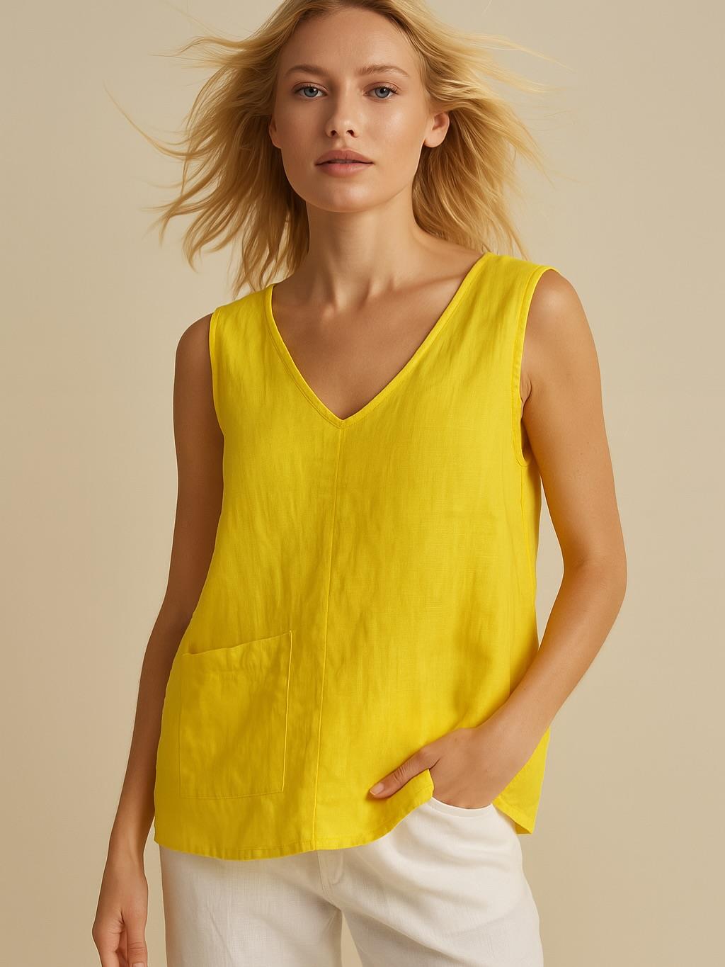 İtalyan Sırt Dantel Detaylı Keten Bluz - SARI