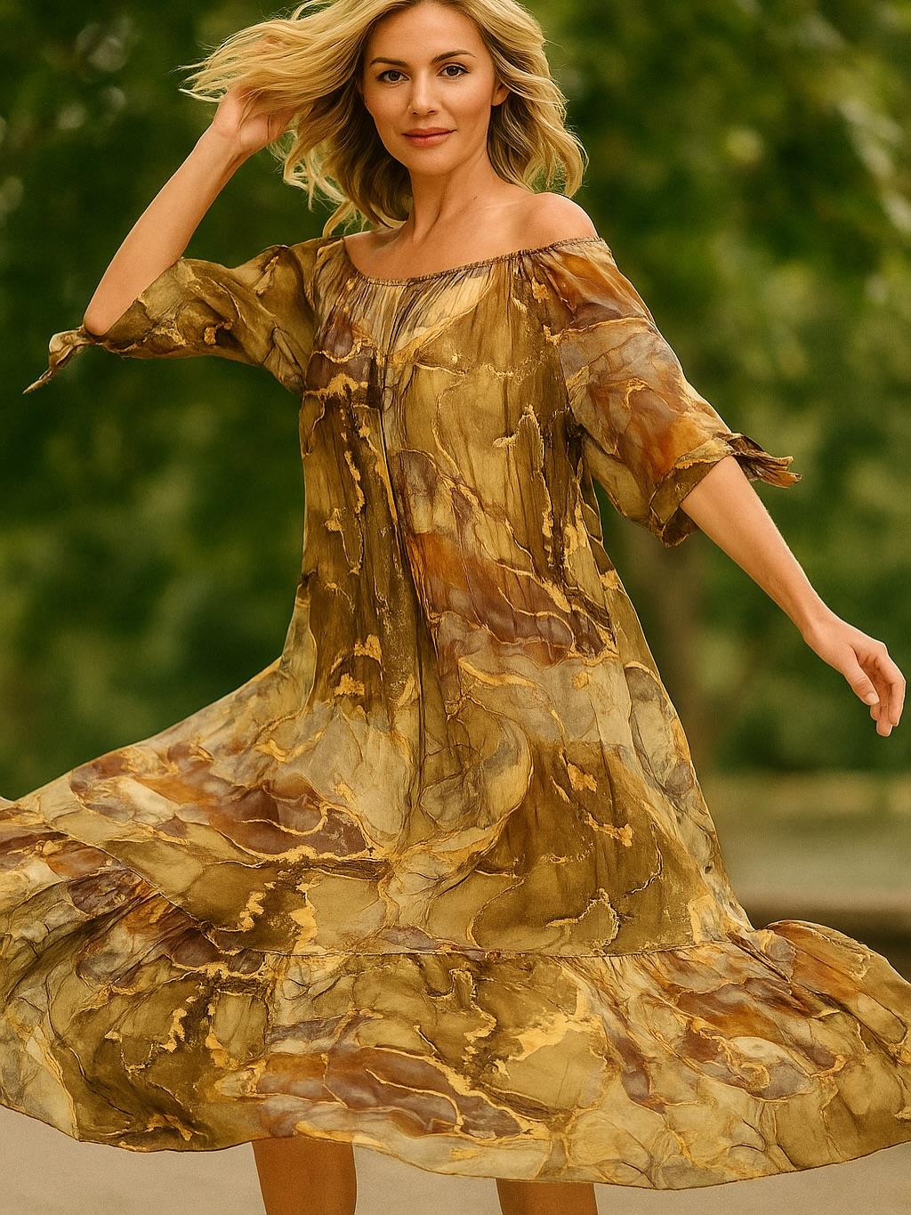 İtalyan Magma Desen İpek Elbise - HARDAL