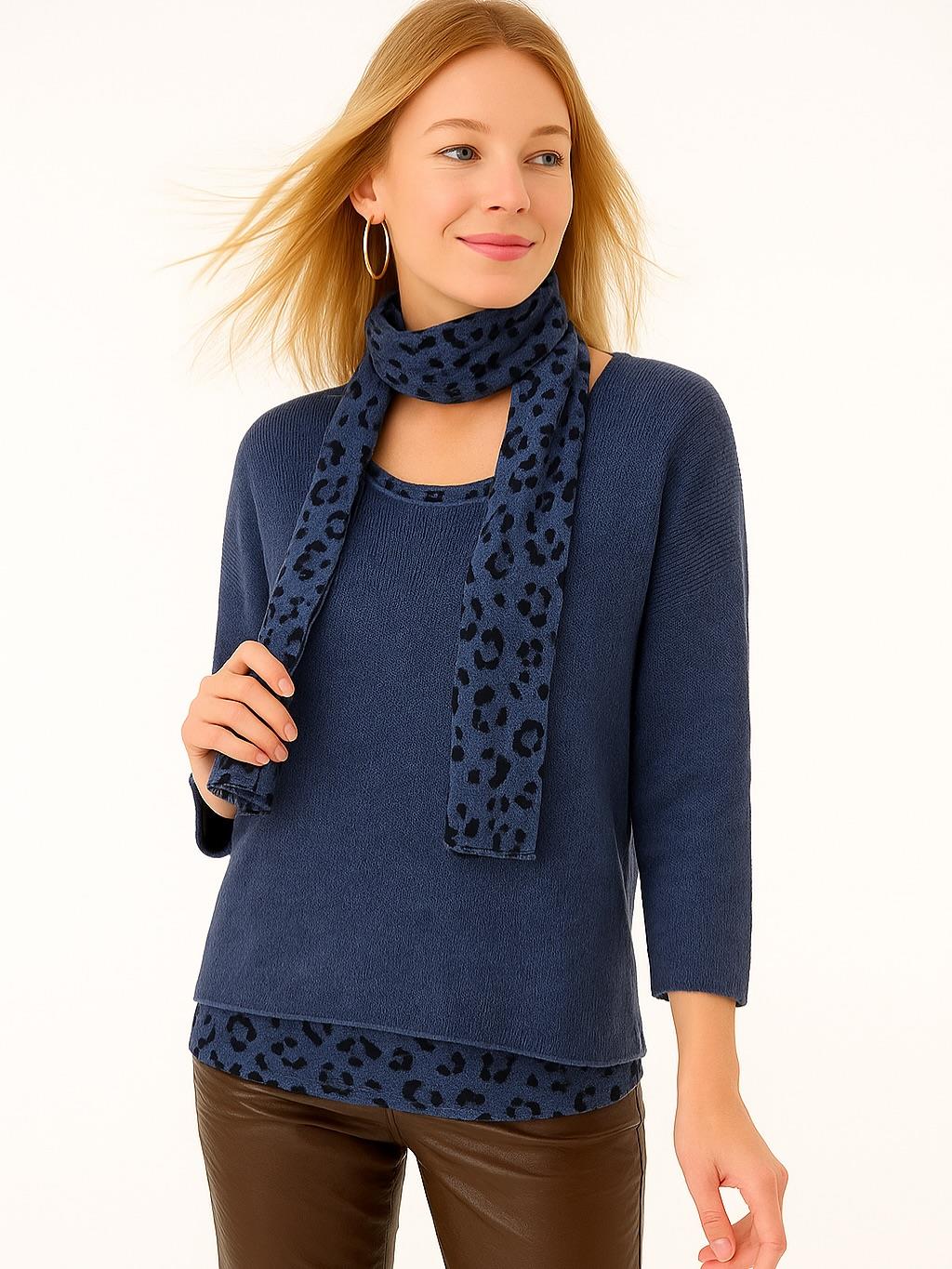 İtalyan Fularlı Triko Takım Bluz - LACİVERT