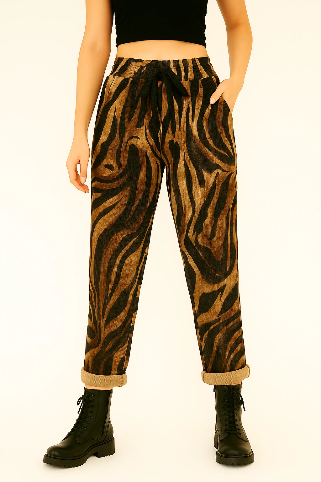 İtalyan Zebra Desen Kadife Pantolon - KAHVE