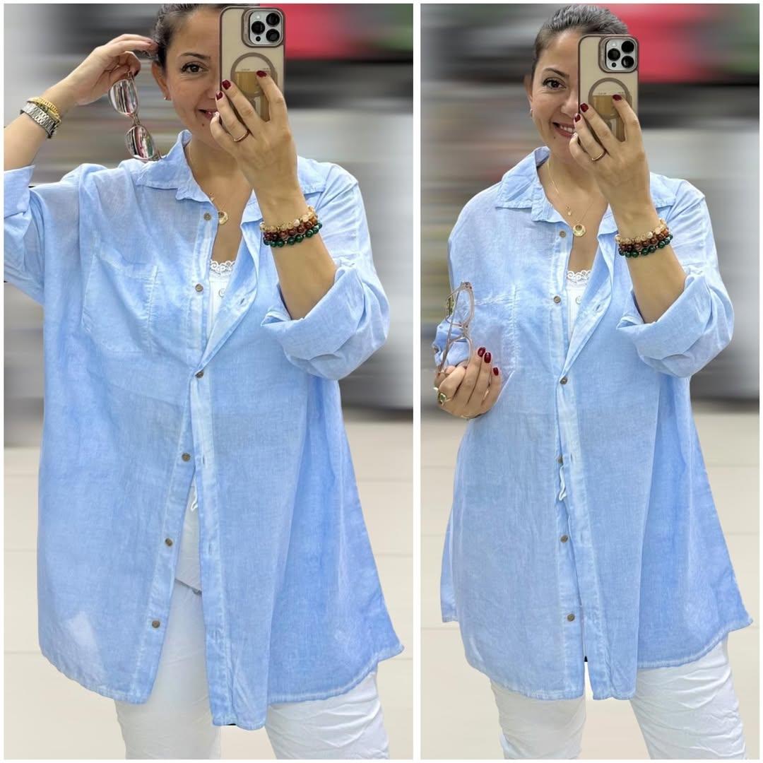 İtalyan Taşlanmış Pamuklu Coton Gömlek - MAVİ