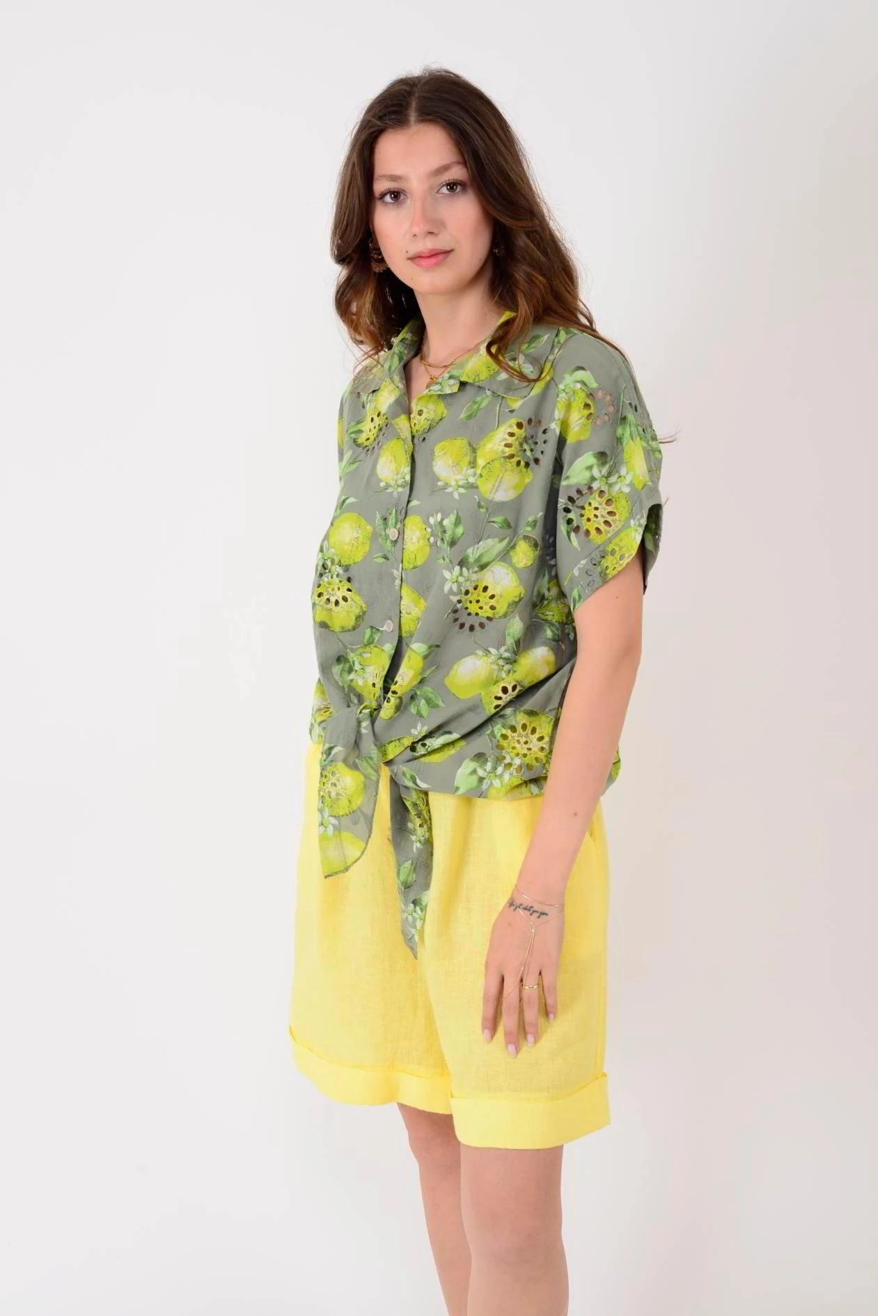 İtalyan Limon Desen Fistolu Bluz - HAKİ