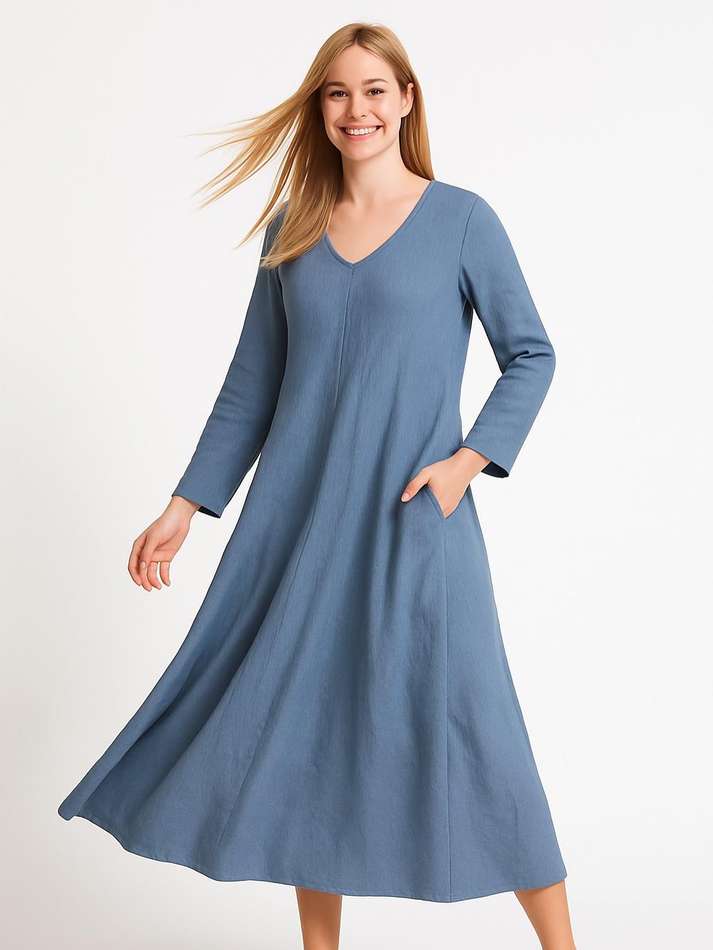 İtalyan Keten V Yaka Elbise - MAVİ