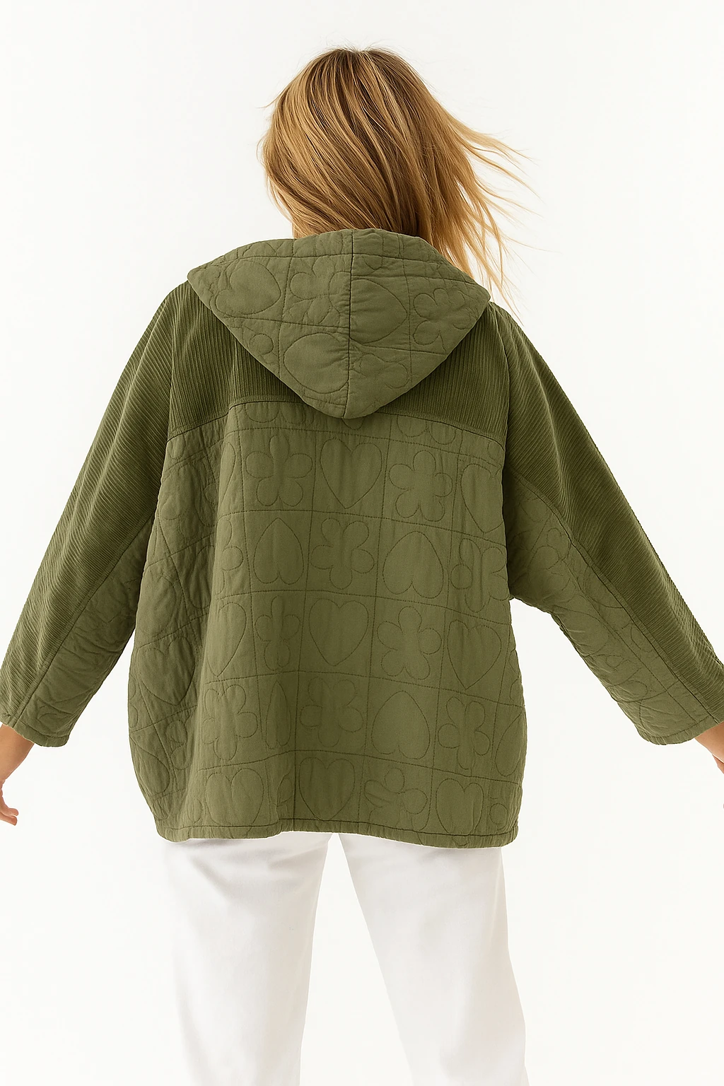 İtalyan Kadife Detaylı Kapitone Ceket - HAKİ