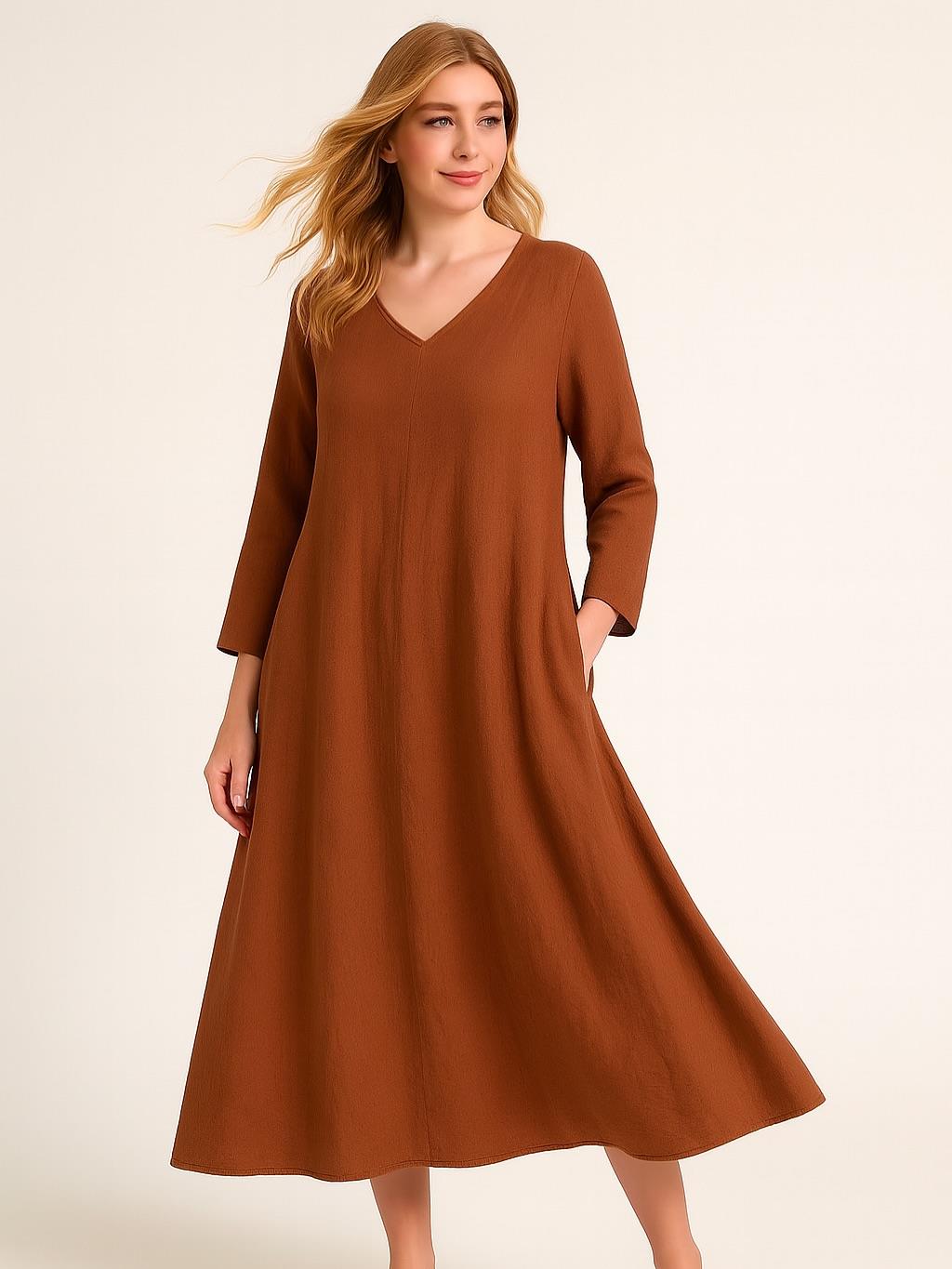 İtalyan Keten V Yaka Elbise - KİREMİT