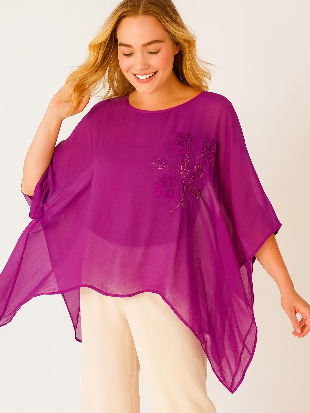 İtalyan Nakış Detaylı İpek Bluz - MOR