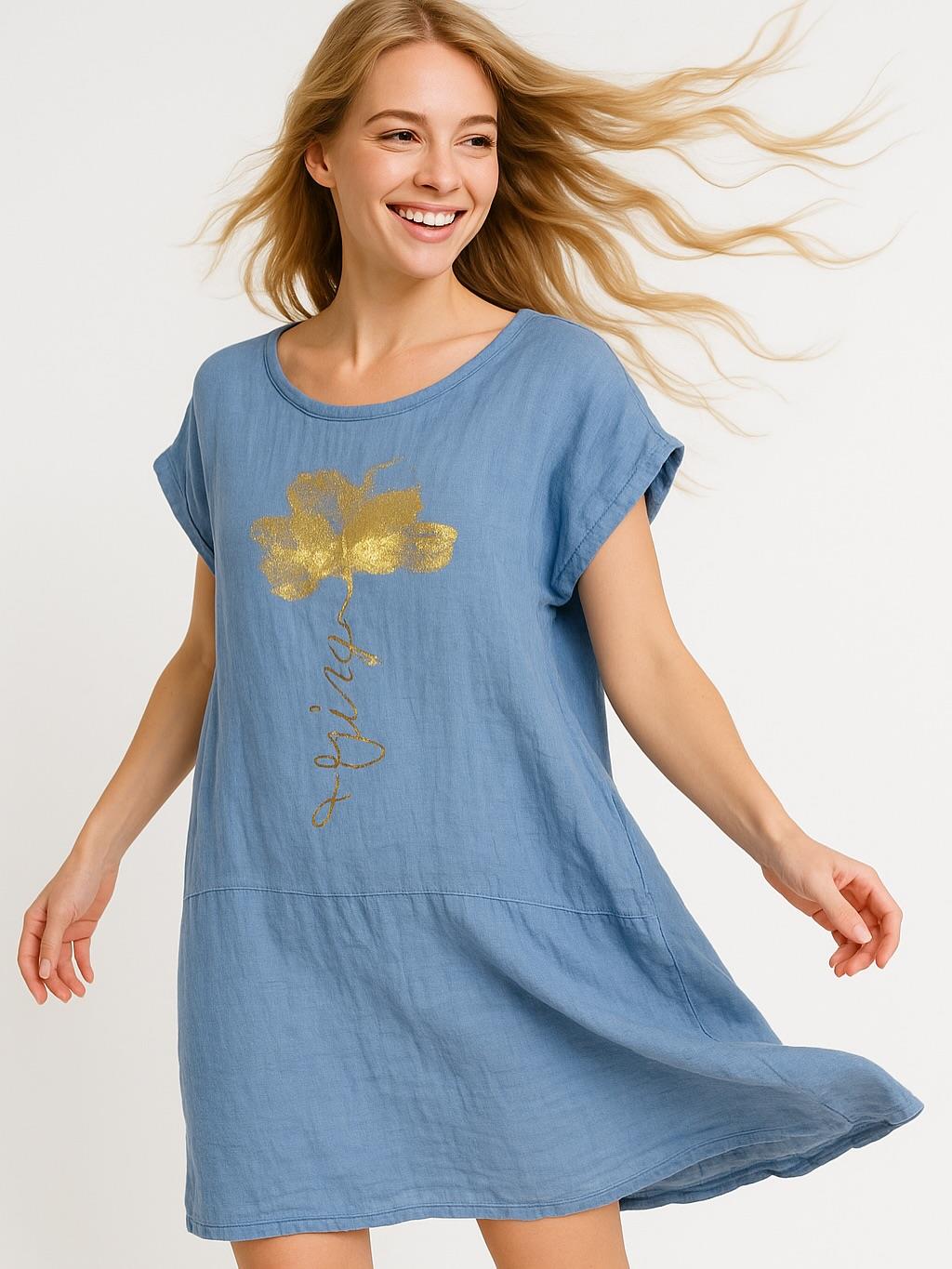 İtalyan Keten Varak Baskılı Elbise - MAVİ