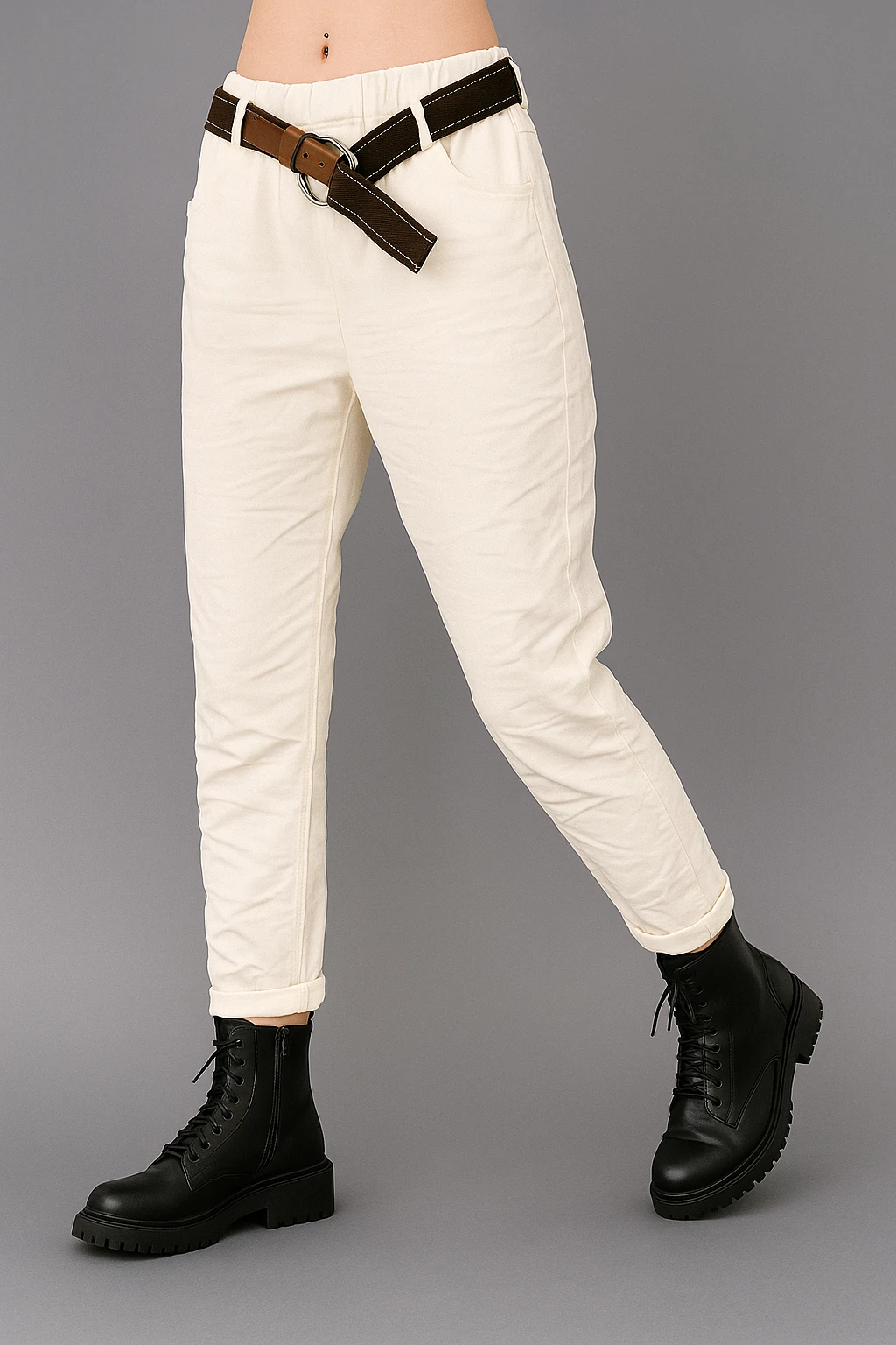 İtalyan Kemerli Likralı Pantolon - BEYAZ