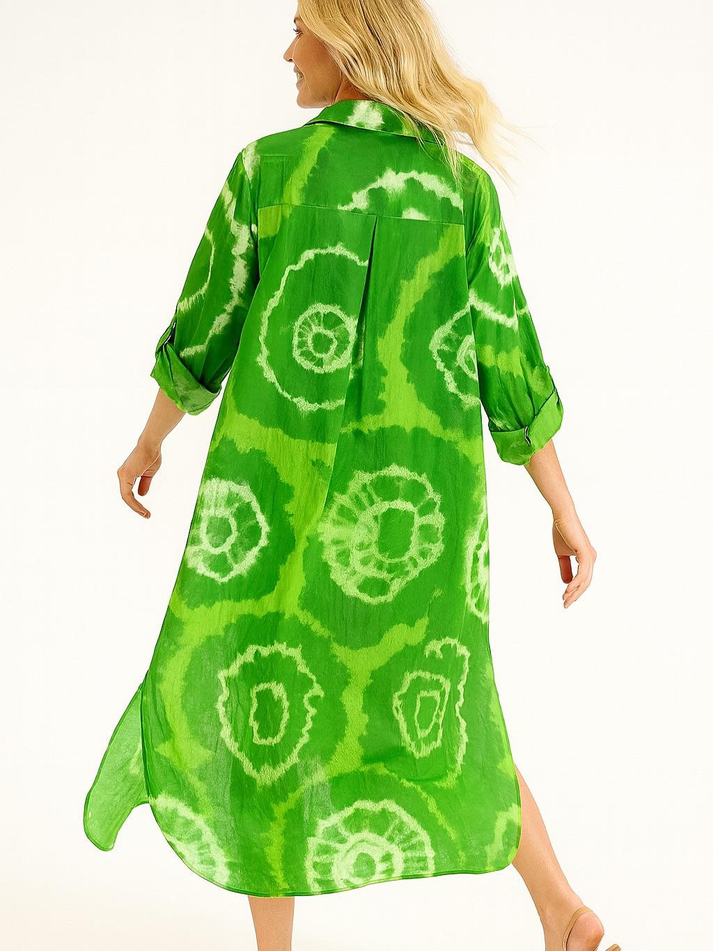 İtalyan Pamuk Dalga Desen Elbise - YEŞİL