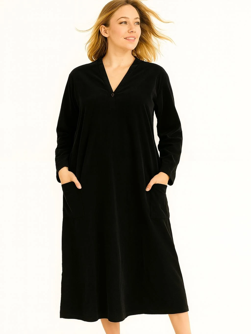 İtalyan Kadife Düğme Detaylı Elbise - SİYAH
