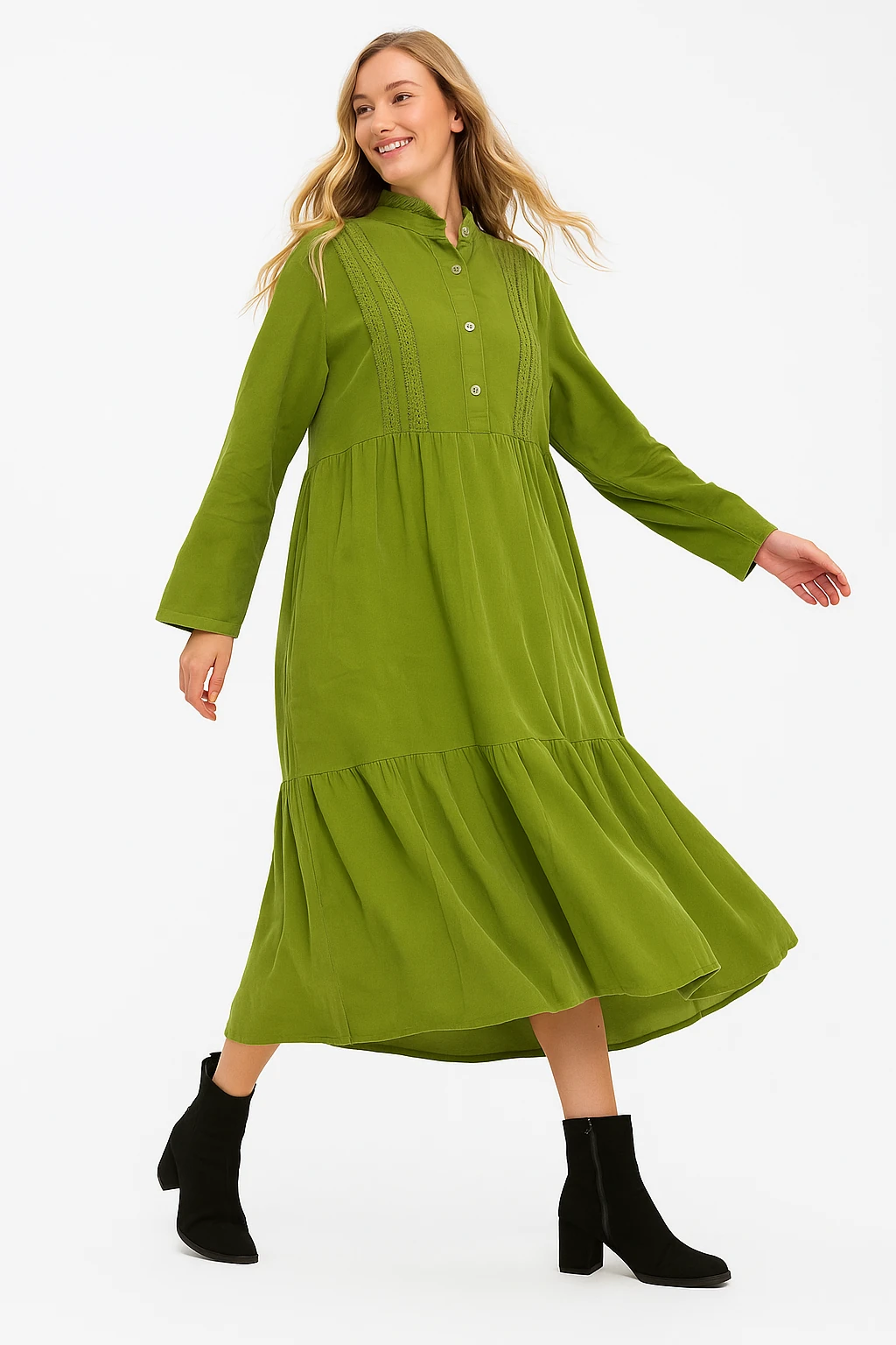 İtalyan Düğme Detaylı Kadife Elbise - YEŞİL
