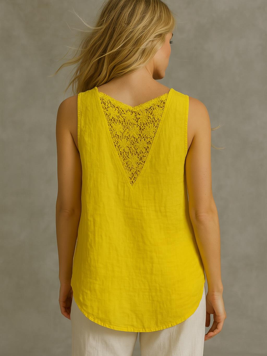 İtalyan Keten Sırt Dantel Detaylı Bluz - SARI