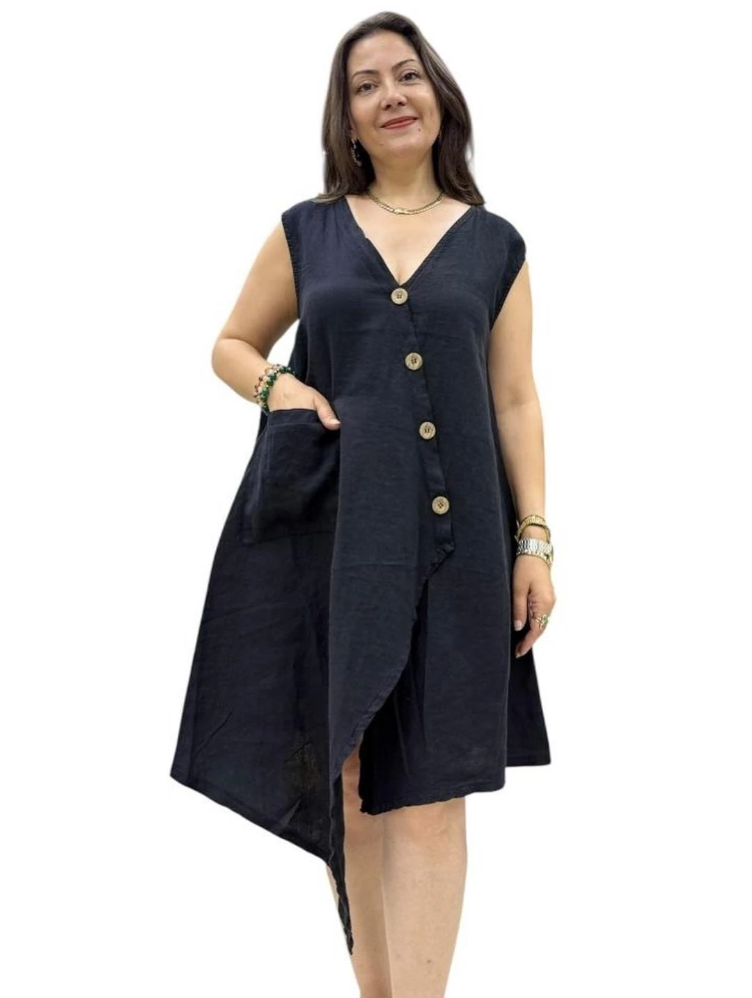 İtalyan Keten Tasarım Elbise - SİYAH