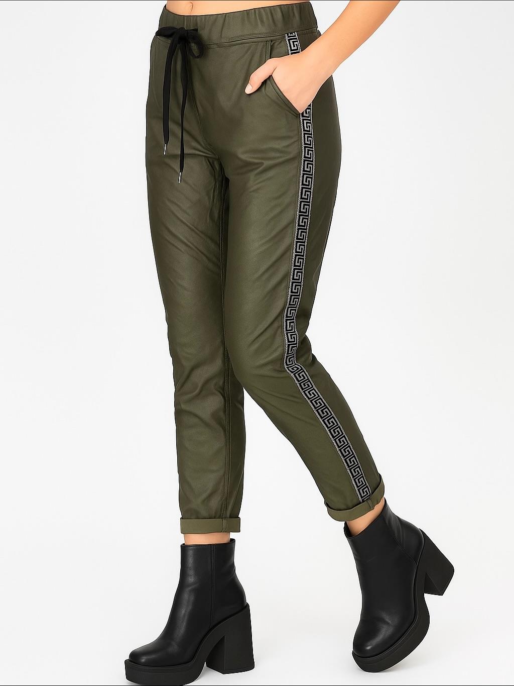 İtalyan Likralı Deri Pantolon - HAKİ