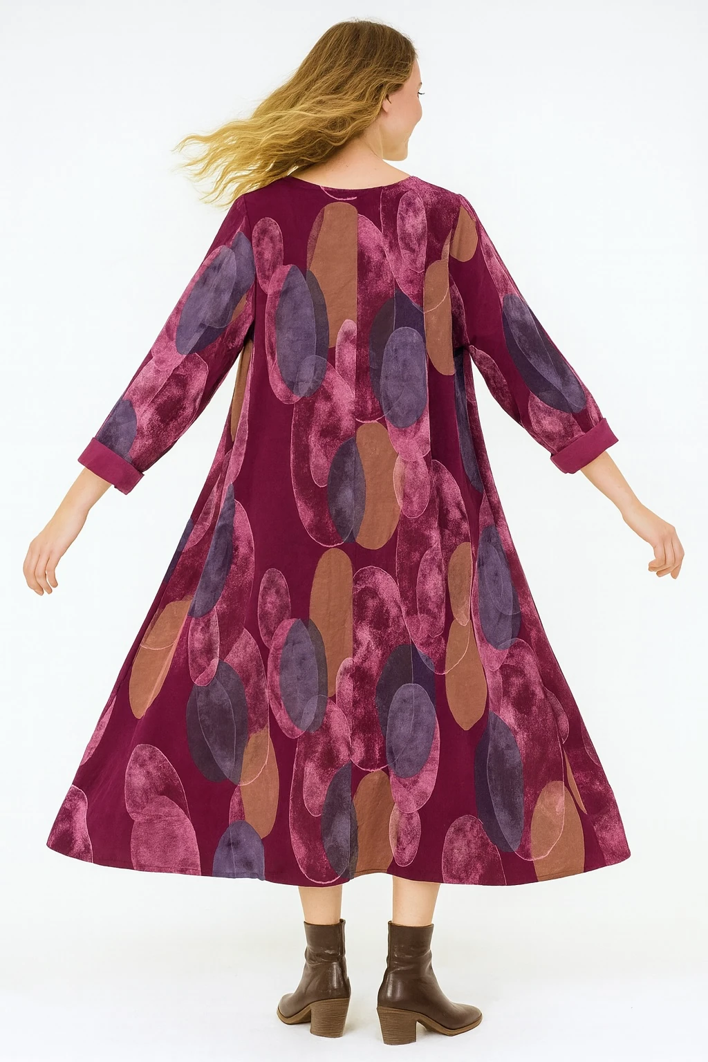 İtalyan Desenli İnce Fitilli Kadife Elbise - MÜRDÜM