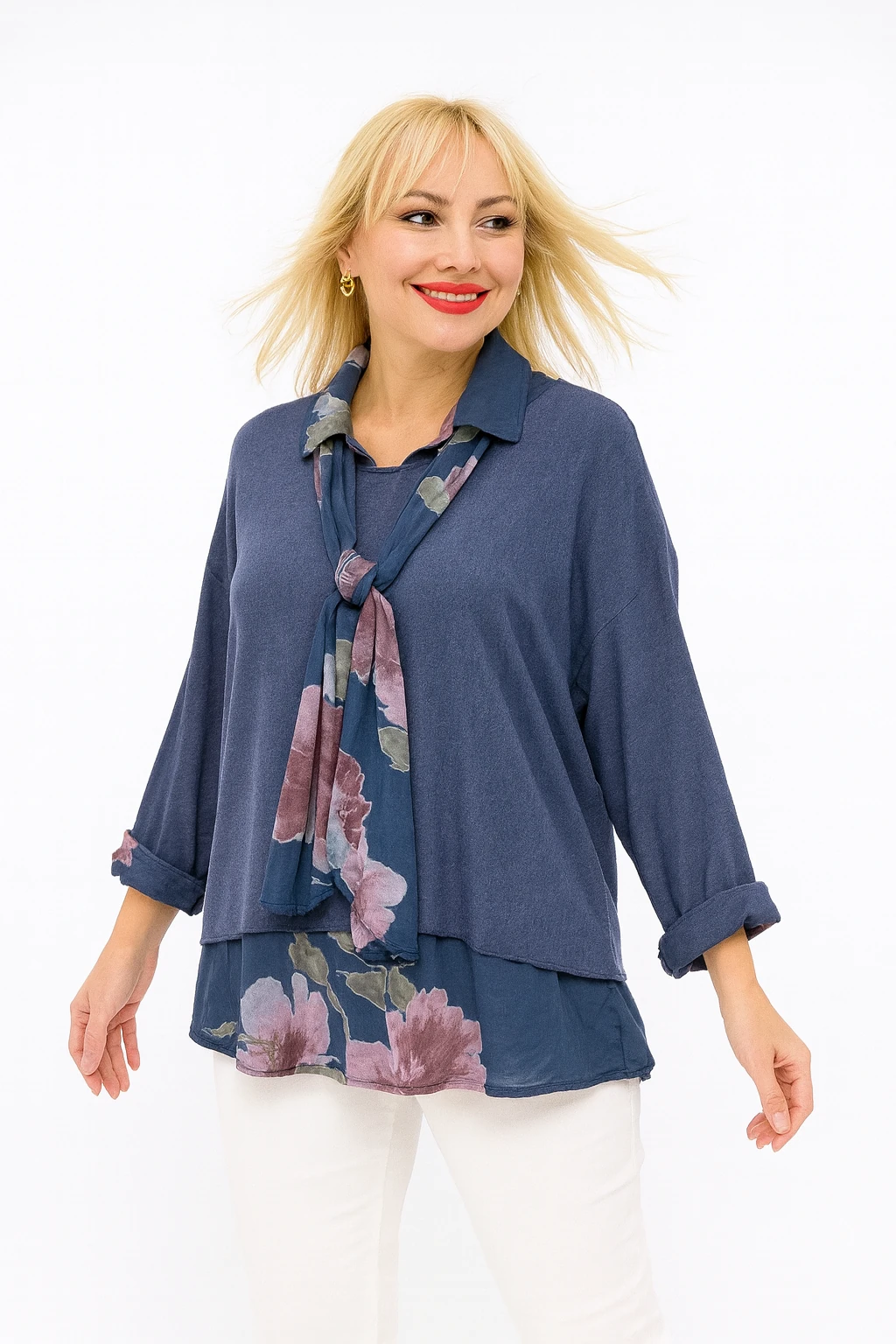 İtalyan Fularlı 3'lü Takım Bluz - LACİVERT