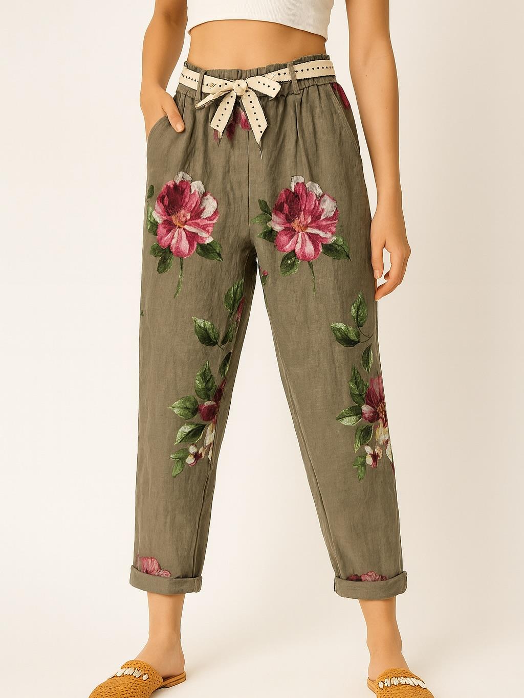 İtalyan Çiçek Desenli Havuç Keten Pantolon - VİZON