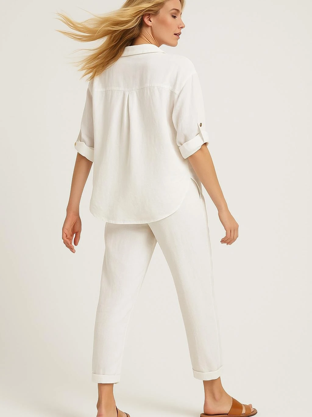 İtalyan Önden Bağlamalı Keten Takım - BEYAZ
