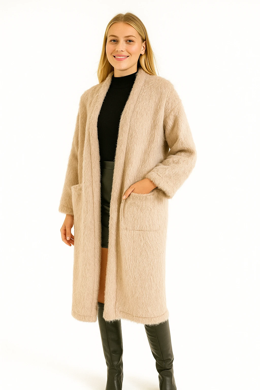 İtalyan Cep Detaylı Keçe Kaban - BEJ