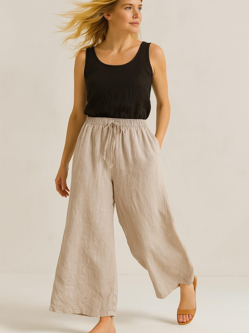 İtalyan Keten Boru Paça Pantolon - BEJ