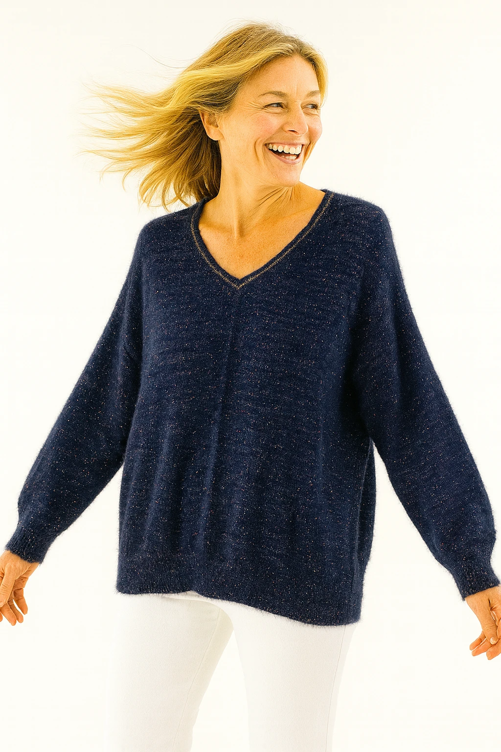 İtalyan V Yaka Simli Triko Bluz - LACİVERT