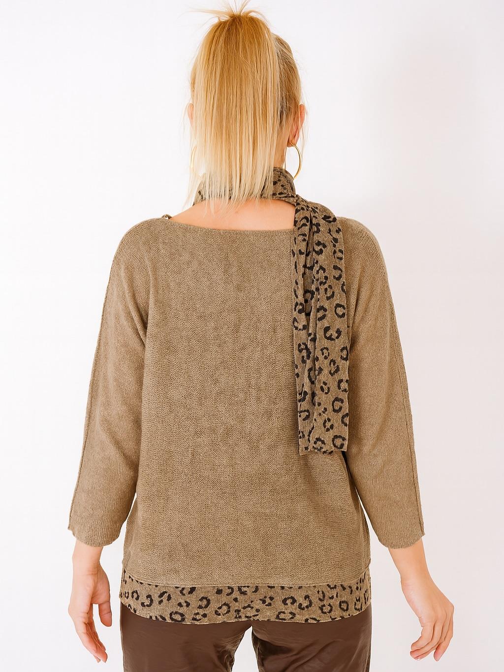 İtalyan Fularlı Triko Takım Bluz - VİZON