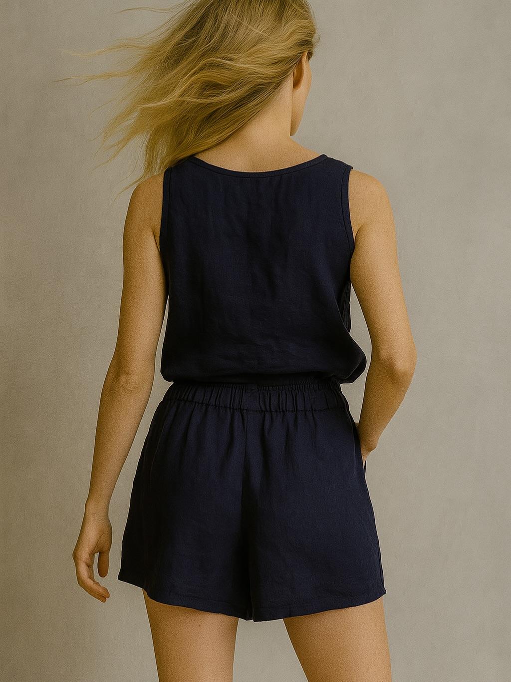 İtalyan Keten Şort - LACİVERT