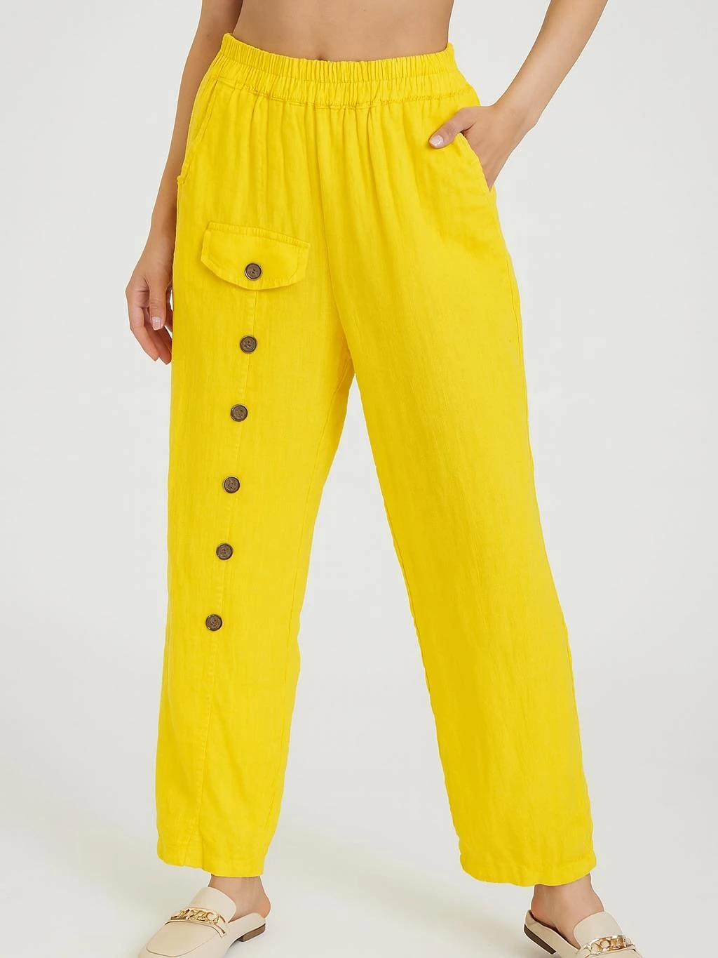 İtalyan Keten Düğme Detaylı Pantolon - SARI